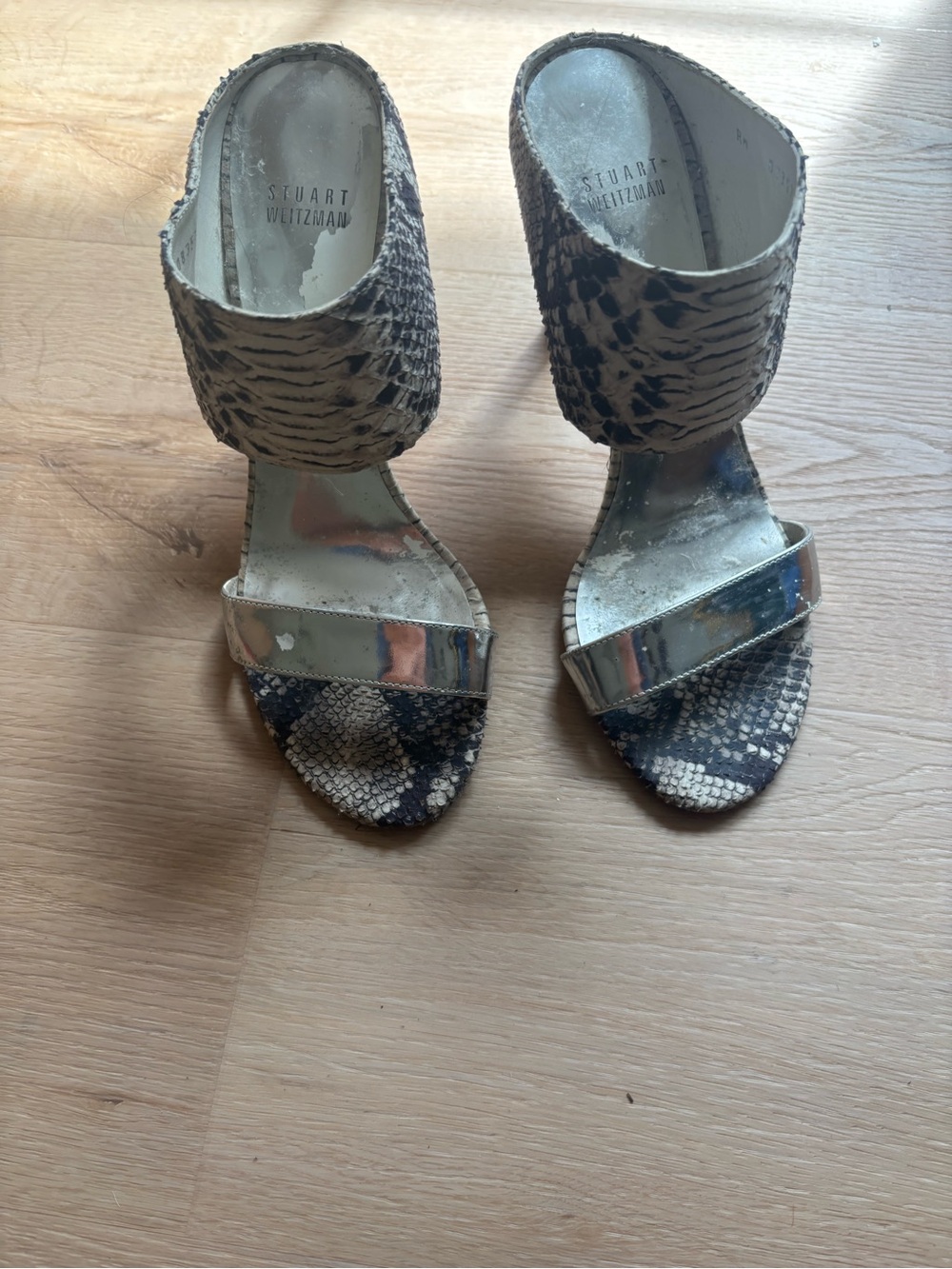 Stuart Weitzman Python 🐍 My Slide Heels silver snakeskin metallic strap 8.5